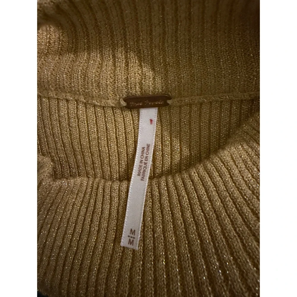 Free People French Girl Gold Lurex Ribbed Knit Mock Neck Belted Dress Medium - Picture 3 of 8